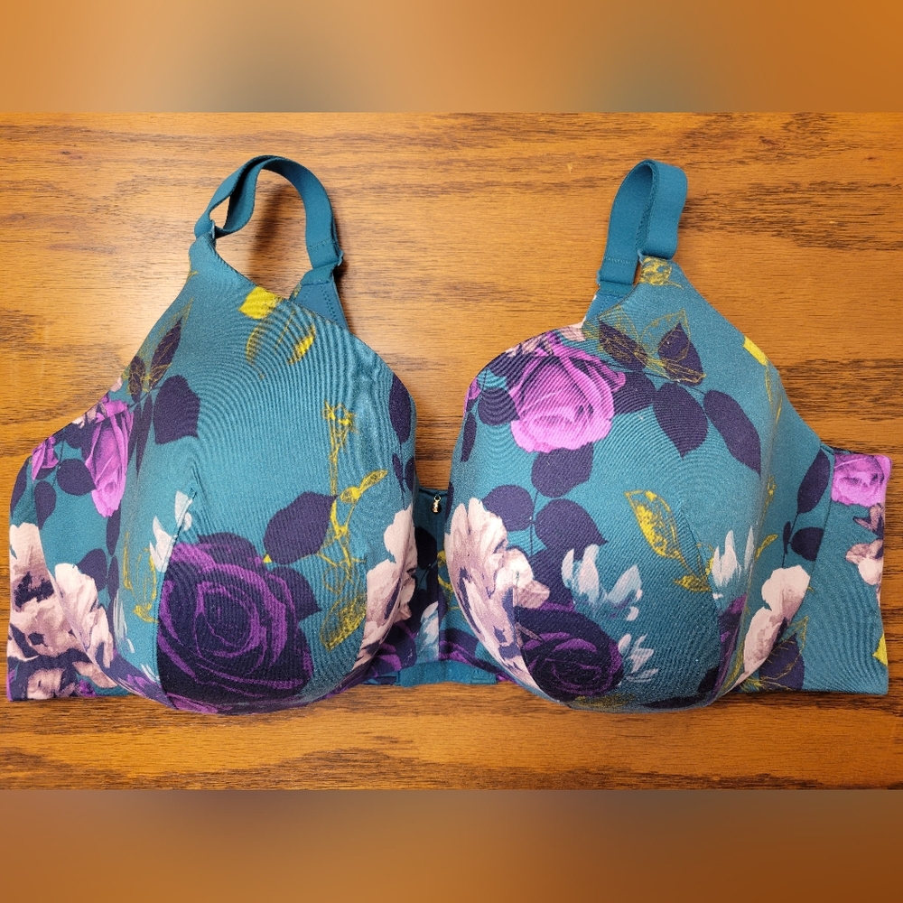 Cacique Lightly Lined Balconette Bra.  Teal featuring a purple floral pattern.